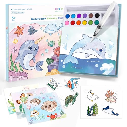 Libro da Colorare ad Acqua oceano per Bambini:Set Pittura 3-in-1 con 12 Colori,3 Tipi di Libro daColorare&Pennello|Giochi Creativi, Attivita Manuali| Giocattolo Educativo per Ragazzi/Ragazze 3+