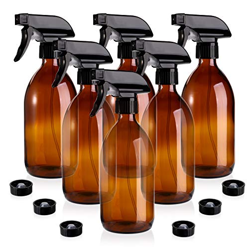 Yarlung 6 Pack Glass Spray Bottles with Trigger Pumps, 16 Oz Amber Refillable Containers for Essential Oils, Cleaning Products, or Aromatherapy, Durable Black Trigger Sprayer, Mist and Stream Settings