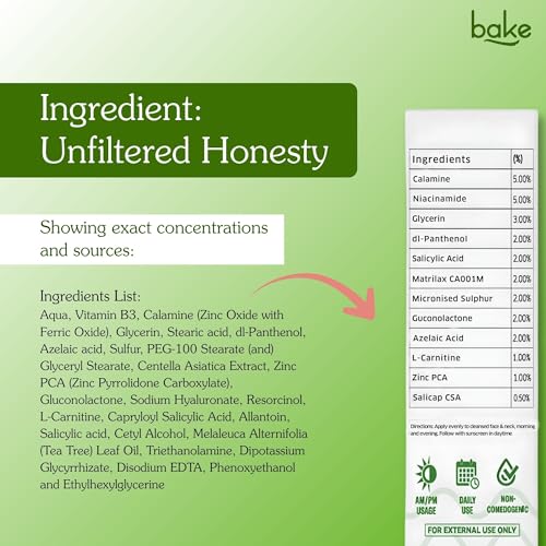 Image of BAKE Acne Spot Treatment Serum Gel with 2% Sulfur, 2% Salicylic Acid + 0.5% Salicap CSA for Pimples & Breakouts | 5% Niacinamide + 2% Azealic Acid | Clears Blackheads, Whiteheads & Clogged Pores | Reduces Redness & Excess Oil | Overnight Acne Corrector - 30g