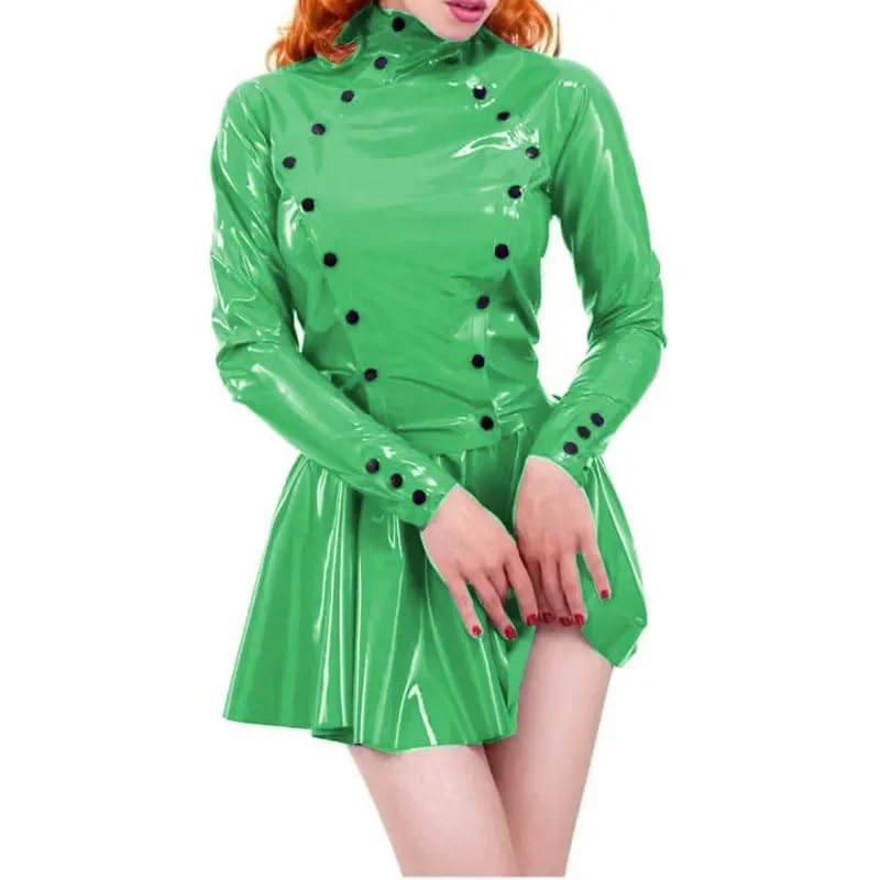 Sissy Langarm Plissee Minikleid PVC Leder Rollkragen A-Linie Kleid Partykleid (Grün,XL)