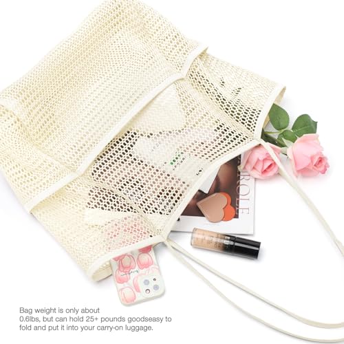 Image of KPX Beach Bag with Mini Pocket, Beach Tote Bags for Women Large Foldable Mesh Swimming Pool Travel Bags - Sandproof
