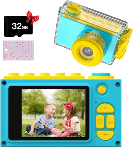 Kriogor Caméra étanche pour Enfants, 2 Pouces Appareil Photo Enfant, 1080P Appareil Photo Numérique pour Enfants + 8 MP + Couverture étanche + Carte 32G TF Jouet Enfant 3 à 12 Ans