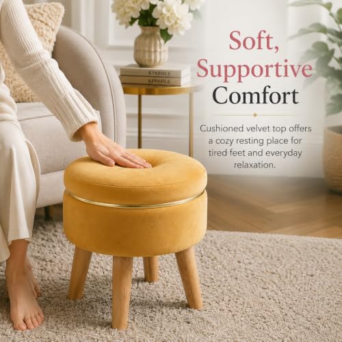 Image of Ottoman Stool for Living Room Foot Rest | Velvet Small Ottoman Foot Stool | Solid Wood Legs | Footstool Puffy for Home, Bedroom & Makeup Table | 30 x 30 cm (12 x 12 Inch) | Yellow