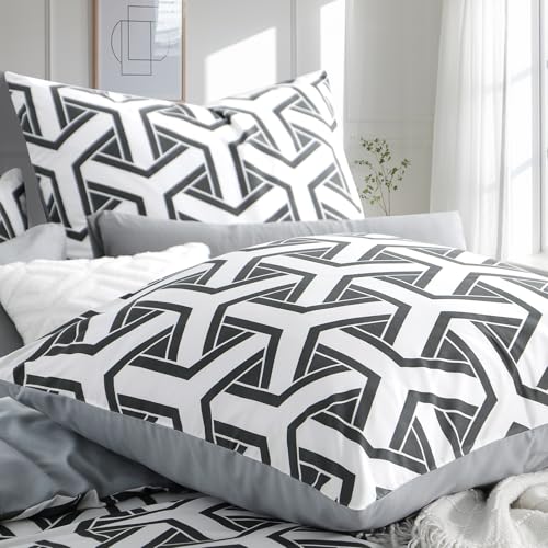 Aisbo Bettwäsche 135x200 4teilig Bettdeckenbezug - Bettwäsche Set 135 x 200 Geometrisch Grau Muster mit 2 Kissenbezügen 80x80 cm… – Ansicht 4