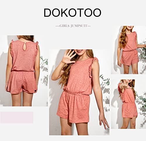 Dokotoo Girls Summer Cute Romper Ruffle Sleeve Crew Neck Solid Stretchy Elastic Waist Shorts Jumpsuit With Side Pockets Size 6-7 Red #TOP4
