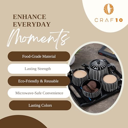 Image of CRAF10 Ceramic Handcrafted Midnight Stripe Tea Set - 1 Kettle (350 ML), 2 Cups (160 ML), 1 Bowl (for Sugar or Snacks), 1 Tray | Microwave & Dishwasher Safe | Teapot | Gifting Option
