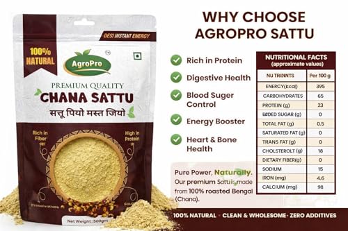 Image of AgroPro Chana Sattu Flour, 100% Natural, High in Protein, Rich in Fiber, Source of Iron, 500gm, Made from Roasted Bengal Gram