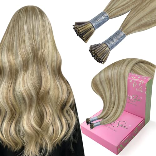 Image of YoungSee I Tip Hair Extensions Brown, I Tip Extensions, Light Brown Highlights Blonde, Itip Human Hair Extension, 50g 65 Strands 16 Inch, Invisible Itip Hair Extension, Straight Hair, for Women