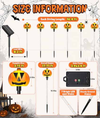 12-Count Ahaorigin Solar Halloween Pumpkin Pathway Lights w/ 8 Lighting Modes (2-Sets 6 Interconnected Lights) - image 6