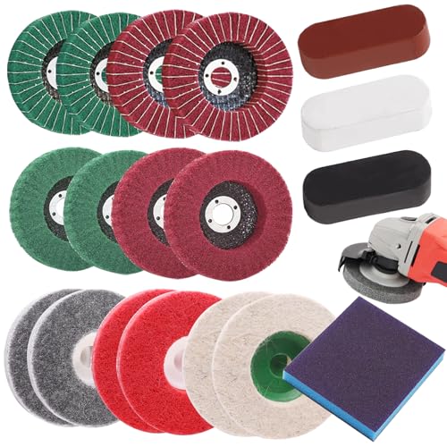 Sunxeke 18Pcs 4 Inch Buffering Wheels Polishing Kit with Compound for Angle Grinder,Includes 14Pcs Nylon Fiber Flap Disc & Wool Felt Polishing Wheel,3Pcs Buffing Compounds and Sanding Sponge