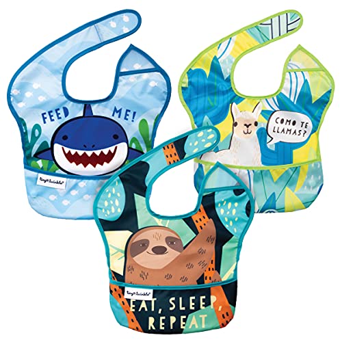 Image of Tiny Twinkle Mess-Proof Baby Bib - Waterproof Bib for Baby Boy or Girl - Machine Washable - Adjustable Closure - PVC BPA & Phthalate Free -Great for Travel - Baby Food Bibs (3 Pack, Sloth, Shark,