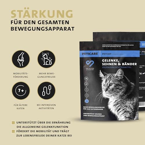 Peticare Gelenk-Pulver für Katzen | Mit MSM, Kollagen | unterstützt Gelenke, Bewegungsapparat, Beweglichkeit, nach Belastung | Keine Tabletten, Kapseln | Ergänzungsfutter-Mittel - petCat Health 3502