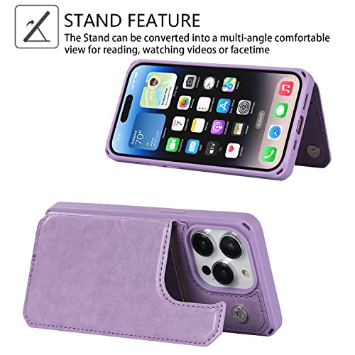 Image of Cavor for iPhone 14 Pro Case with Card Holder,iPhone 14 Pro Wallet Case for Women Men,Phone Case for iPhone 14 pro with Stand Credit Card Holder, Leather Strap Shockproof Cover- Purple