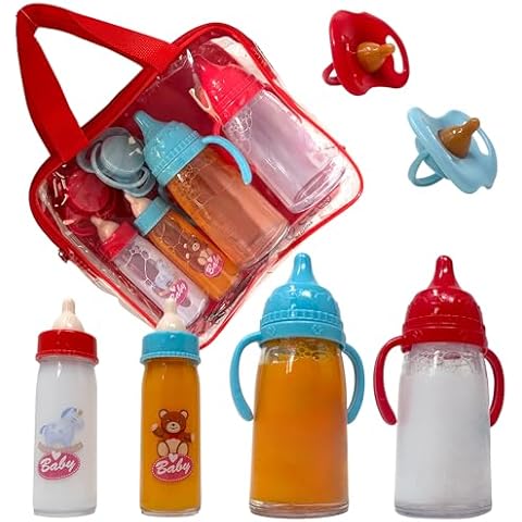 Baby Doll Bottles with Magic Disappearing Milk & Juice Playset, 6pc Pretend Baby Doll Accessories Set 4 Doll Feeding Toy Bottles and 2 Pacifiers, Great Gift for Kids, Toddlers and Little Girls Cover