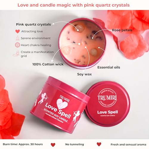 Trumiri TRU-LOVESPELL-5OZTIN Love Spell - Scented Candles For Women & Men With Rose Petals And Crystals - 5Oz Soy Clean Organic Non Toxic - Velas Aromáticas - Aromatherapy Spa Valentines Gift Home Décor Aesthetic Candel thumb #1