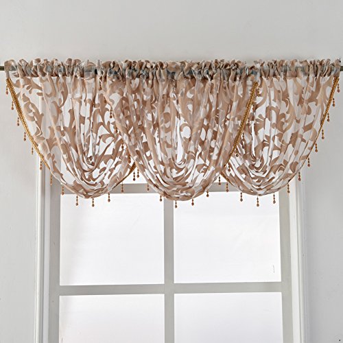 Napearl VL-SMT505-CM-57X37 Swag Valance For Windows-Beige Organza Sheer Waterfall Valance, Elegant Beaded Valance Curtain thumb #1