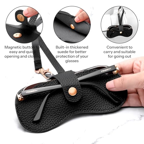 Image of FEISEDY Sunglass Case, 2Pcs Soft Leather Eyeglass Cases for Women | Slim Portable Glasses Holder, with Button-Closure Wrist Strap for Travel & Outdoor B0308