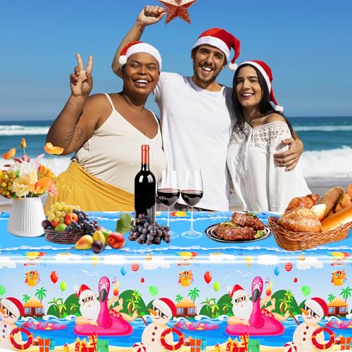 Image of QZYL 3 Pcs Christmas July Tablecloths, 51 x 86.6 Inch Waterproof Summer Christmas Tablecloth, Disposable Santa Plastic Rectangle Table Cover, for Pool Beach Indoor Outdoor July Xmas Decorations