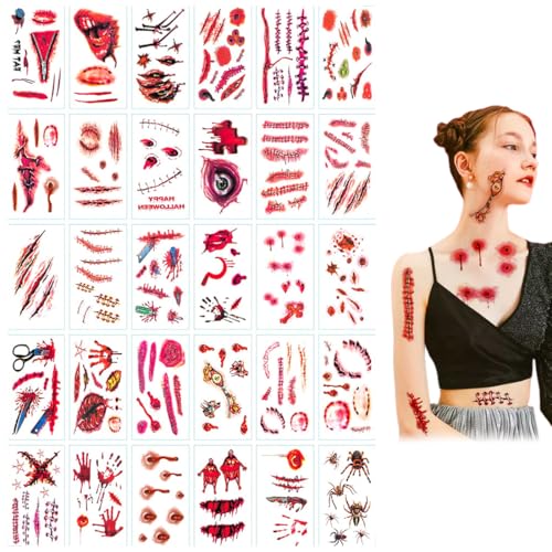 DULZEN 30 Piezas Hojas Tatuajes Temporales Zombies Cicatrices Resistentes Agua Pegatinas Tatuajes Halloween Zombie Cicatrices Tatuajes Pegatinas Falso Scab Sangre Especial Costume Maquillaje Props