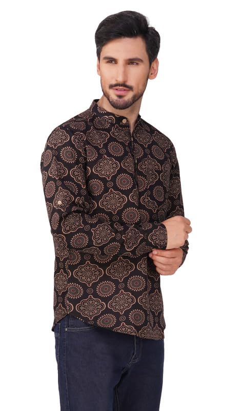 Image of Vastraa Fusion Men's Handloom Weaving Pure Cotton Short Kurta, Round Collar, Full Sleeves,Button Kurta, Ethnic Wear