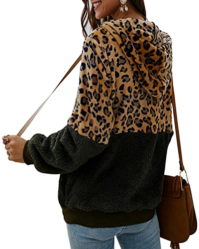 Womens Loose Fuzzy Zip Up Leopard Sherpa Hoodies Jacket Cheetah Hooded Zipper Fleece Sweatshirt Coat