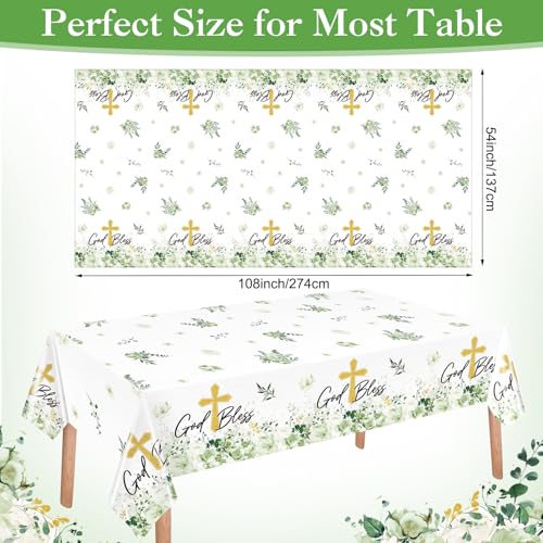 Image of Ganeen 3 Pcs Green God Bless Baptism Tablecloth Disposable Plastic Table Covers First Holy Communion Waterproof Tablecloths for Christening Celebration Baby Shower Religious Decor, 54 x 108 Inch