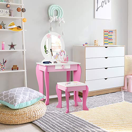 COSTWAY Kinderen kaptafel set, houten prinses kaptafel met krukje, afneembare spiegel en opberglade, spelen make-uptafel… - Image 3
