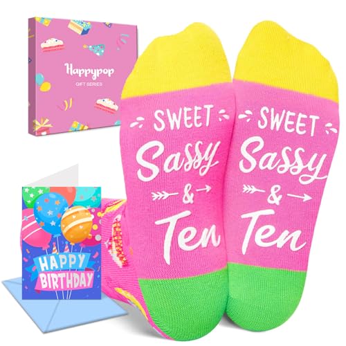 HAPPYPOP Birthday Socks Gift Box - Sweet Sassy Ten Socks with Greeting Gift Card for Tween Girl 10th Birthday Present Xmas Stocking Stuffer