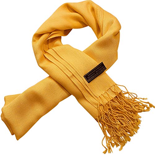 CJ Apparel Amber Yellow Solid Yellow Gold Color Tassels Design Nepalese Shawl Scarf Wrap Stole Throw Head Wrap Pashmina Hand Made in Nepal New4
