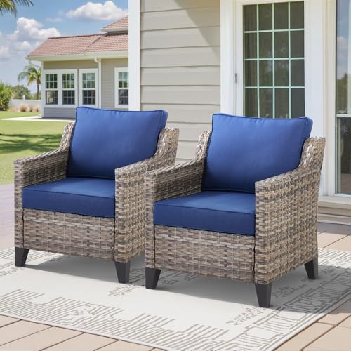 Buenhomino Patio Chairs Set of 2-All Weather Rattan Wicker Outdoor Chair with Thickened Cushions Outdoor Patio Chairs for Porch Deck Balcony Garden Grey/Blue