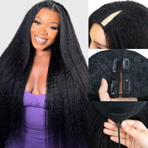 Goulus Peruca de cabelo humano Kinky Straight V Part Wig de 55 cm...