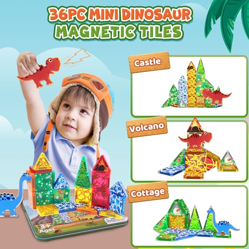 Milarji Travel Magnetic Tiles for Toddler Boys Kid, 36PC Mini Dinosaur Sets Airplane Restaurant Road Trip Activities Car Toys for Age 3 4 5 6 7 8 Year STEM Magnet Blocks Easter Basket Stuffers Gifts - Image 2