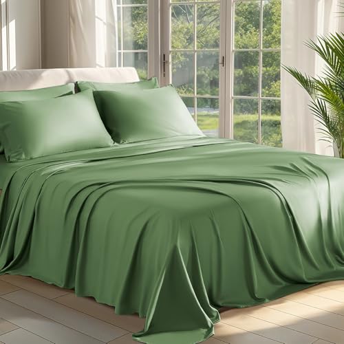 Shilucheng 100% Viscose Derived from Bamboo_ Sheets Queen Size 6pcs - Ultra Cooling & Silky Soft Bed Sheets, 16" Deep Pocket, Perfect for Hot Sleepers, Hotel Bedding Sheets (Olive)