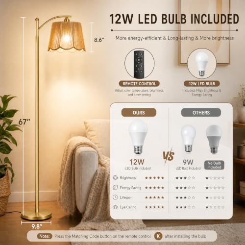 Image of Rattan Boho Arc Floor Lamp with Flower-Inspired Shade & 50FT Remote Control
