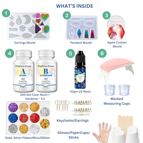 Image of exploralearn UV Epoxy Combo Resin Art Kit- Epoxy Resin (200gm 3:1) + UV Resin (10gm) with Lamp, Moulds, Glitters, Flakes & Jewellery Making Tools | DIY Craft Kit for Earrings, Pendants & Coasters