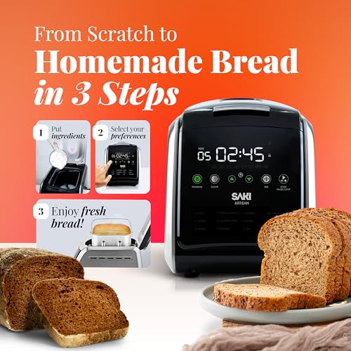 SAKI Bread Maker Machine, 3 LB XL 12-in-1 Programmable, BPA-Free & Nonstick Ceramic Pan, Digital Touch Panel, 3 Loaf Sizes, 3 Crust Colors, Gluten-Free, Dough, Jam, Yogurt, Keep Warm, Recipes