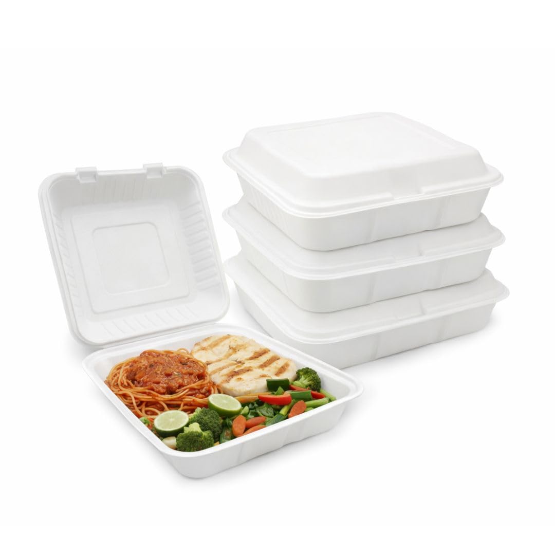 ProTakeOut 9x9 [100 set] Eco-Friendly Compostable Bagasse Hinged Takeout Containers | Heavy-Duty Clamshell for Hot & Cold Food – Sustainable,