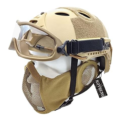 Tactical PJ Type Airsoft Fast Helmet and Foldable Half-Face Mesh Ear Protection Mask with Goggles Full Face Protection Set Cover