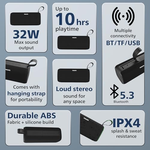 Image of PHILIPS Audio TAS2400BK Portable Bluetooth Speaker with Stereo Sound, 32W RMS, 2400mAh Rechargeable Battery, BT v5.3 Connectivity, IPX4 Waterproof, Supports TF /USB /BT Modes with Hanging Strap (Black)