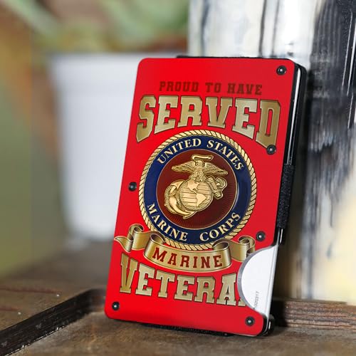 Slim Wallet With Money Clip, Personalized Engraved Marine Veteran 'Proud To Have Served' Metal Wallet Card Holder Metal Aluminum Wallet, 3.35 x 2.13, Black, MWL00012