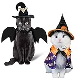 ShuRung Halloween Pet Costumes Cat Wizard Costume Dog Funny Wizard Clothes Cat Bat Wings Wizard Hat Cute Pumpkin Cloak Outfits for Kittens Puppies