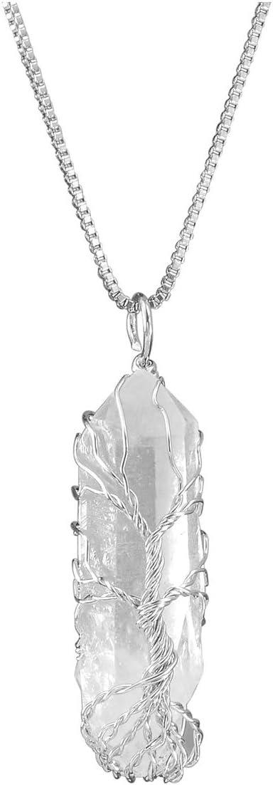 Top Plaza Natural Raw Stone Healing Crystal Necklace Silver Life Tree Wire Wrapped Clear Quartz Point Pendant For Womens Ladies