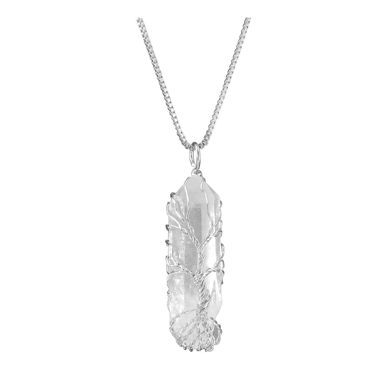 Top Plaza Natural Raw Stone Healing Crystal Necklace Silver Life Tree Wire Wrapped Clear Quartz Point Pendant For Womens Ladies