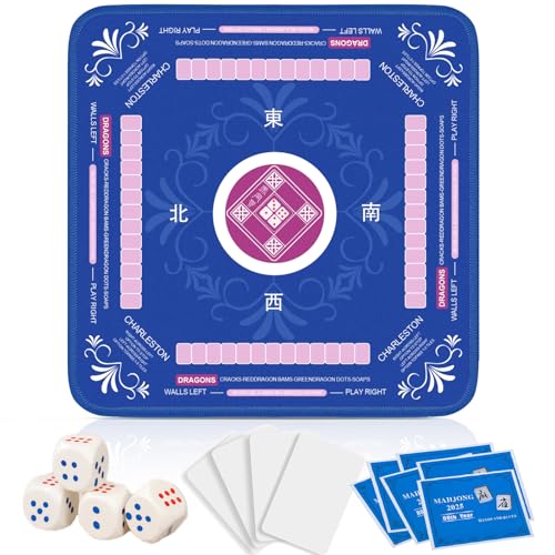 Qwiayeal Mahjong Mat with Rules for Table with 6 Mahjong Playing Instructions,4 Mahjong Tile Mixer & 4 Dice,Non-Slip and Silent Travel Mahjong Set for Mahjong/Poker/Board Games/Card Games/Dominoes
