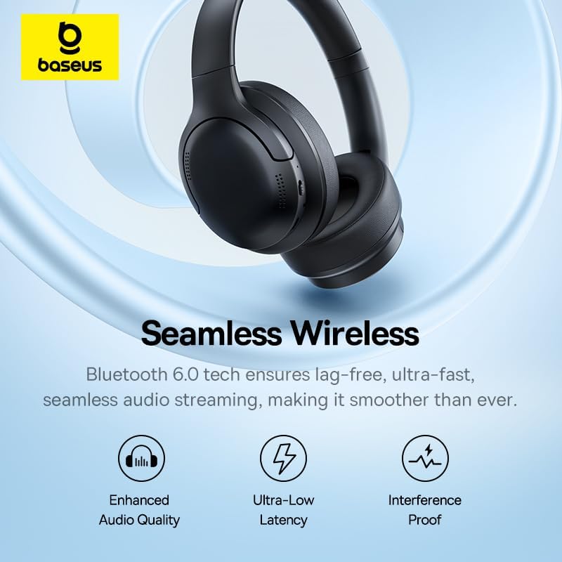 Baseus Bass BH1 Lite Headphones demonstrating seamless wireless Bluetooth 6.0 connectivity