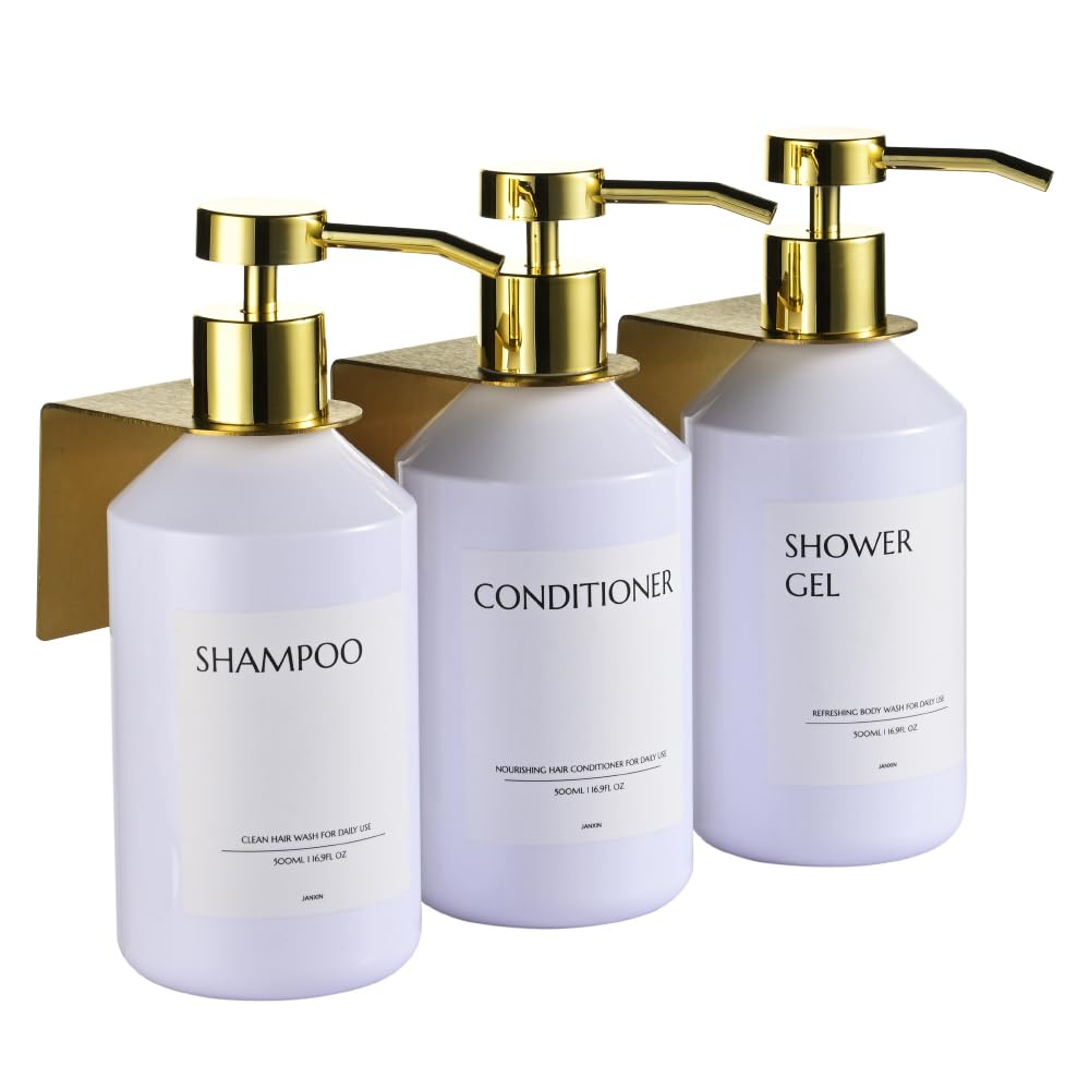 3 Pezzi Dispensador de jabón de Pared sin Taladrar, 500 ml Dispensador de Jabon Montaje en Pared con Etiquetas para Champú, Jabón de Mano (Botella Blanca + Cabezal Dorado.)