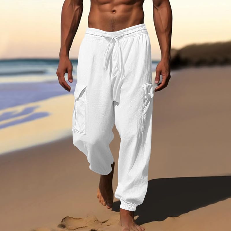 Casual Linen Cargo Pants for Men Lightweight Summer Fall Athletic Hiking Pant Elastic Waist Drawstring Beach Trousers2