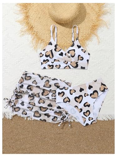 Girl's 3 Pieces Swimsuit Set Graphic Heart Print High Waisted Bikini with Drawstring Skirts Cover Up3