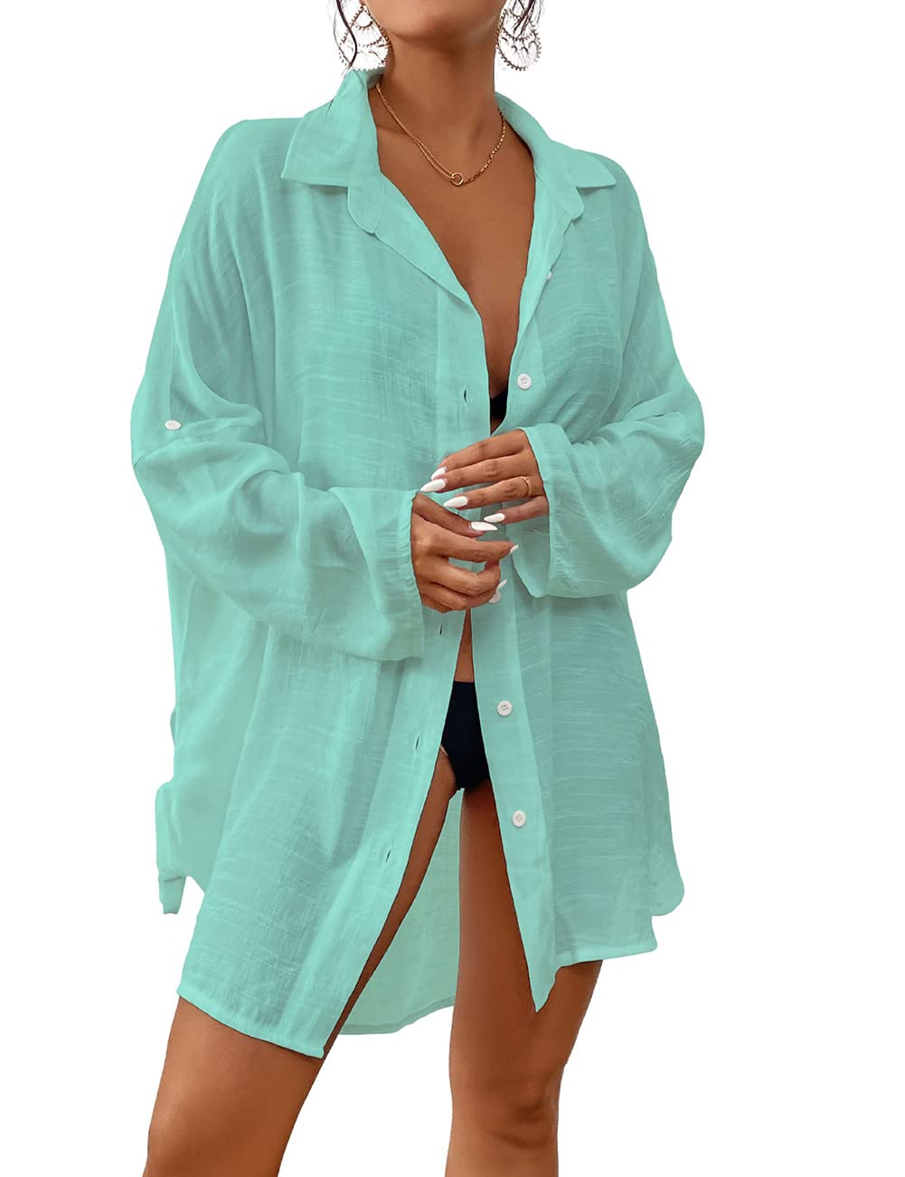 Bsubseach Mujer Bordado Media/Manga Larga Traje de baño Cubrir Mini Vestido de Playa