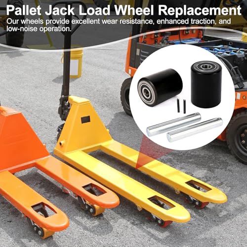 Image of Two Packs of Pallet Jack /Truck Wheels 3 inch x 3.75 inch PU Poly Tread, 20mm ID Bearings, Full Set with Axles, Pins and Entry Exit Roller